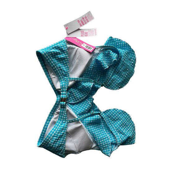 New Lily Pulitzer Aelin Bikini Swim Top Crinkle Turquoise Blue Oasis Gingham - Picture 7 of 11